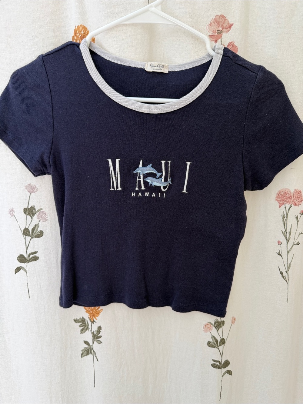 Brandy Melville Navy Crop Tee with White Trim and Light Blue Graphic